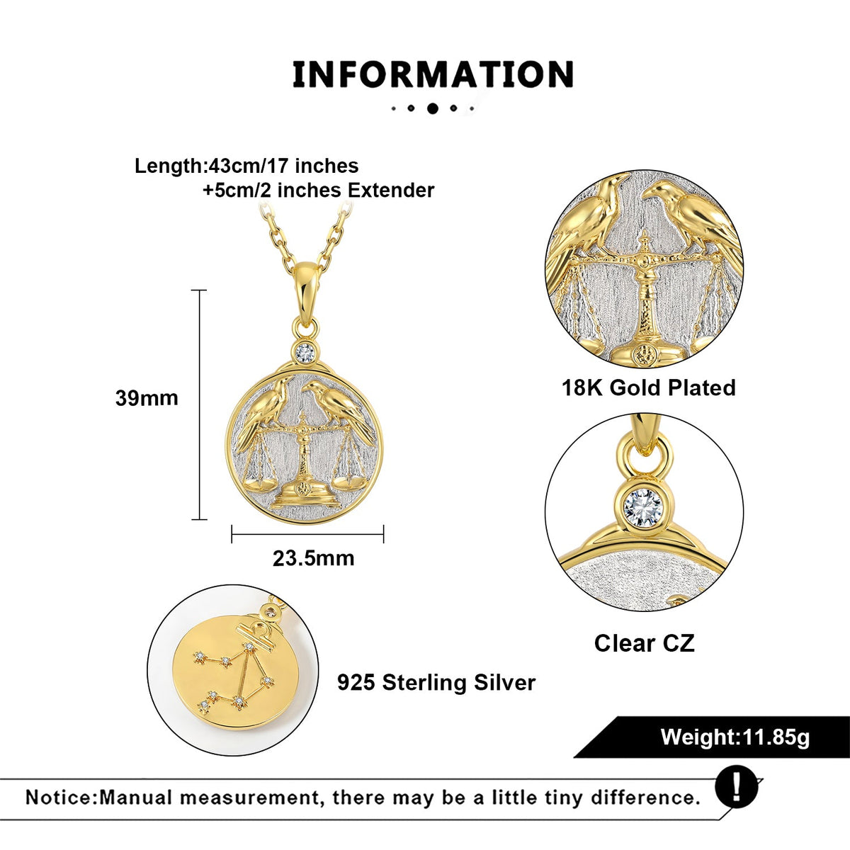 Gold and silver pendant with detailed measurements and material information on a white background