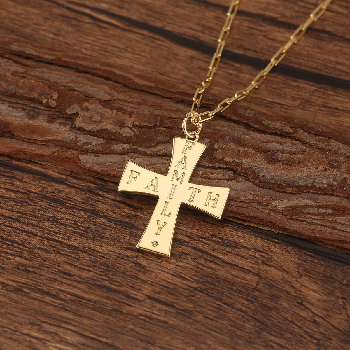 Touchstone Cross Faith/Family Engraved on Cross Necklace Gold