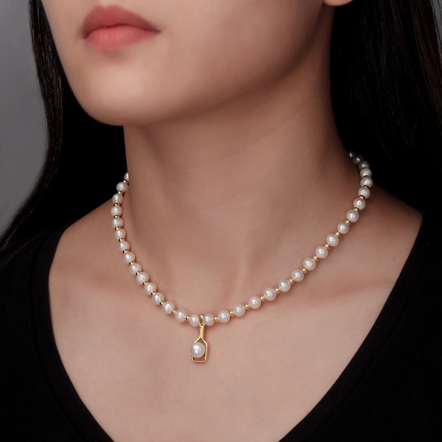 Pickleball Paddle Pearly Necklace on Model