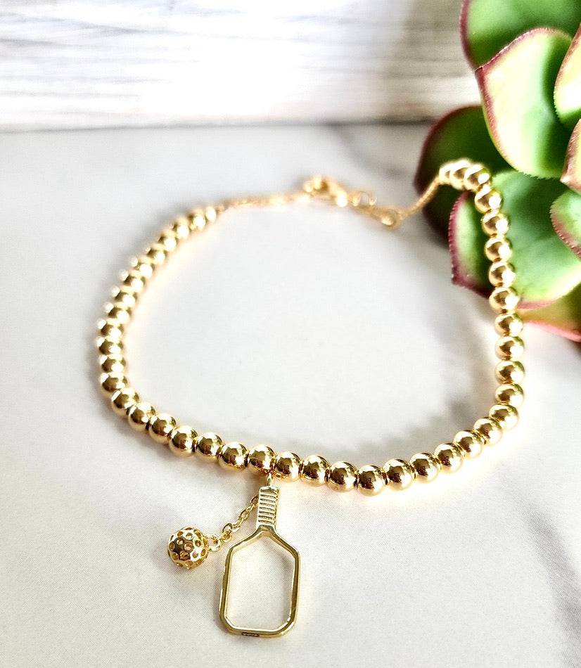 Bracelet Sphere Gold-filled Ball Bead bracelet shown with example Pickleball paddle and ball charm