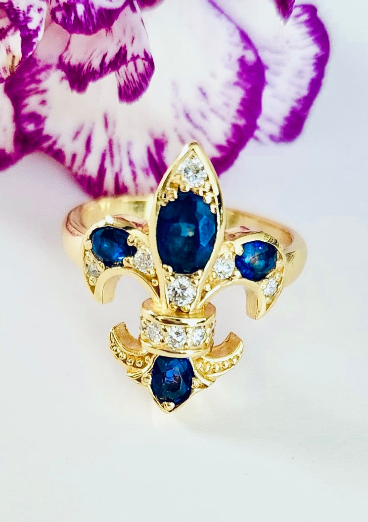 Saints & Saviors Gold Fleur De Lis Blue SAPPHIRE with Diamonds Ring Gold
