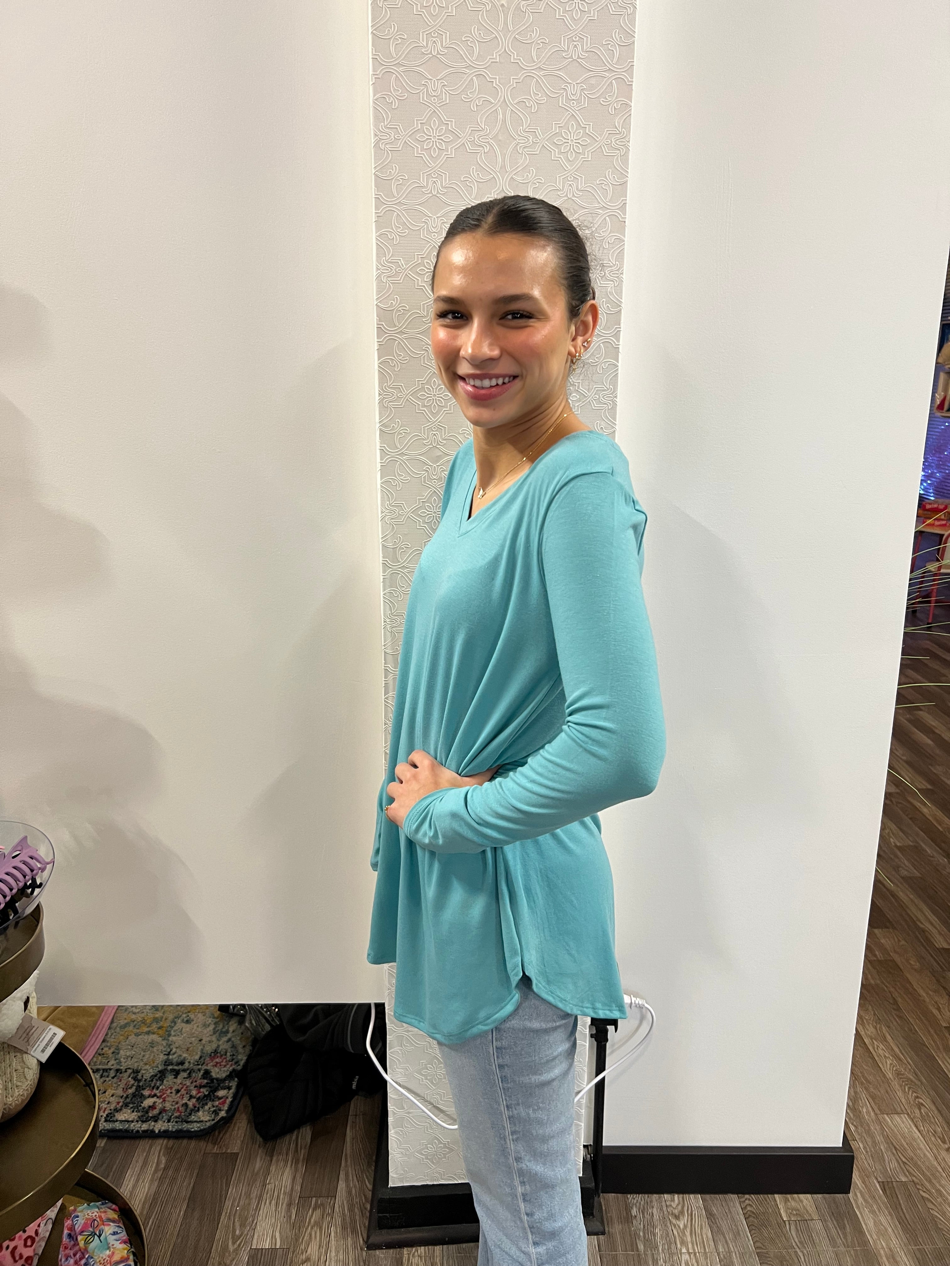Premium Long Sleeve V Neck Round Hem Top - Athena's Fashion Boutique