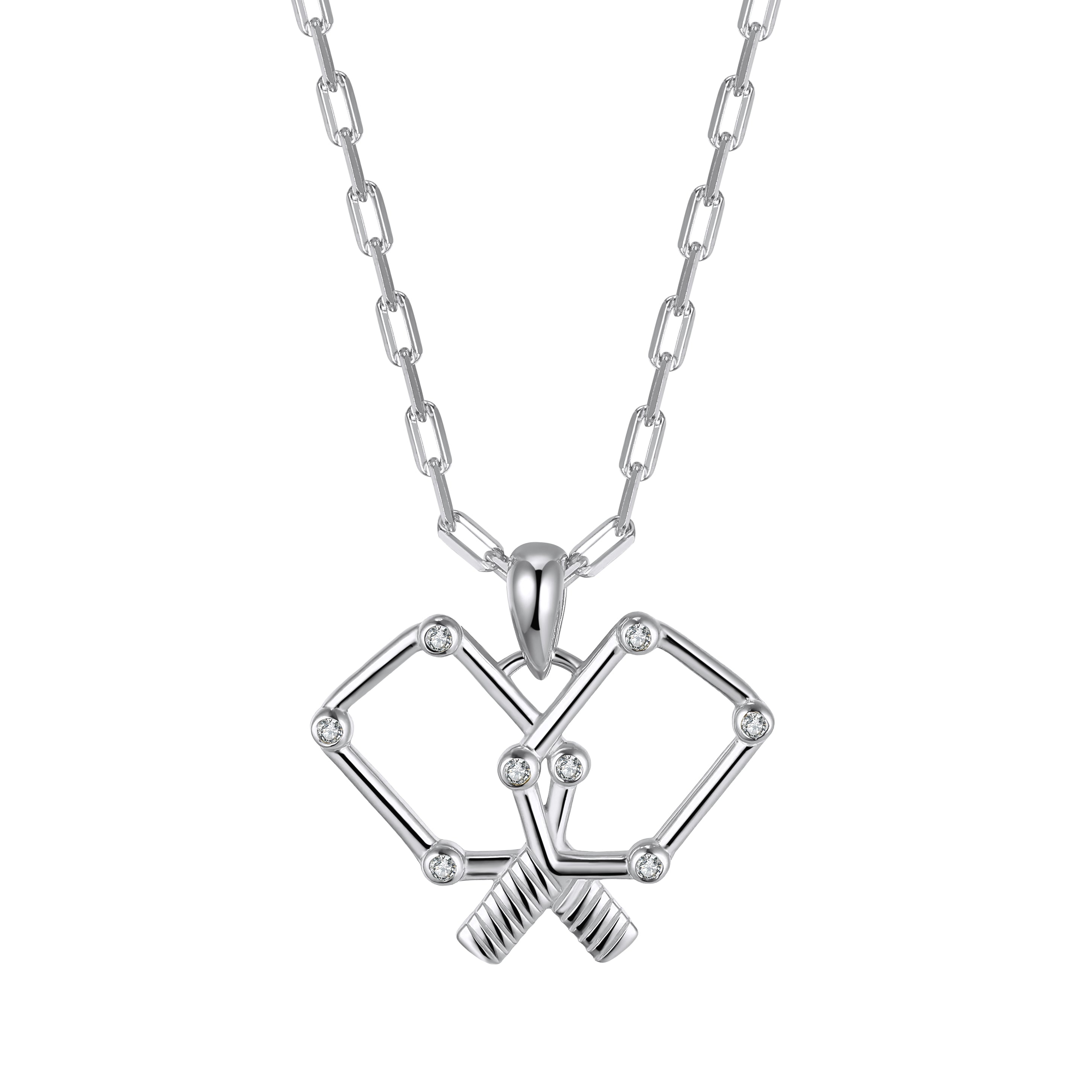 Silver pickleball necklace with a unique pendant design on a white background