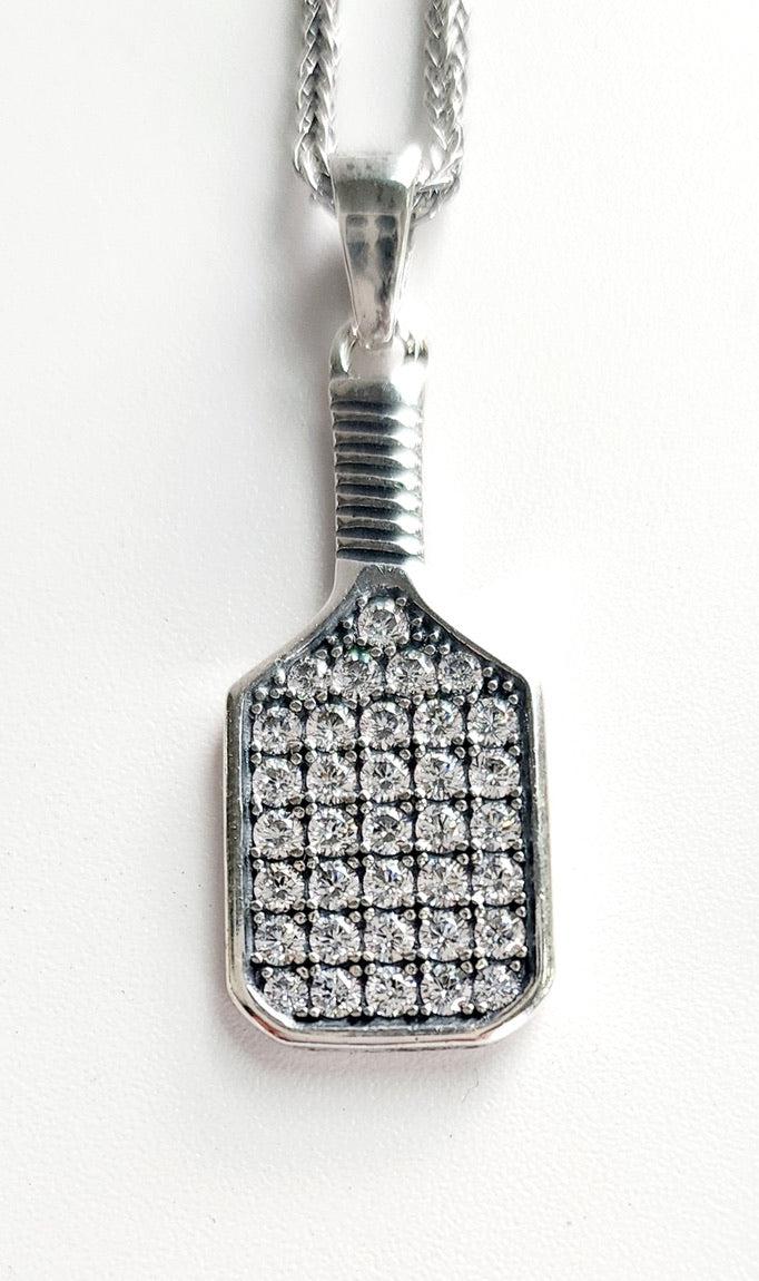 Pickleball Baller Paddle Necklace Silver with Clear Crystals