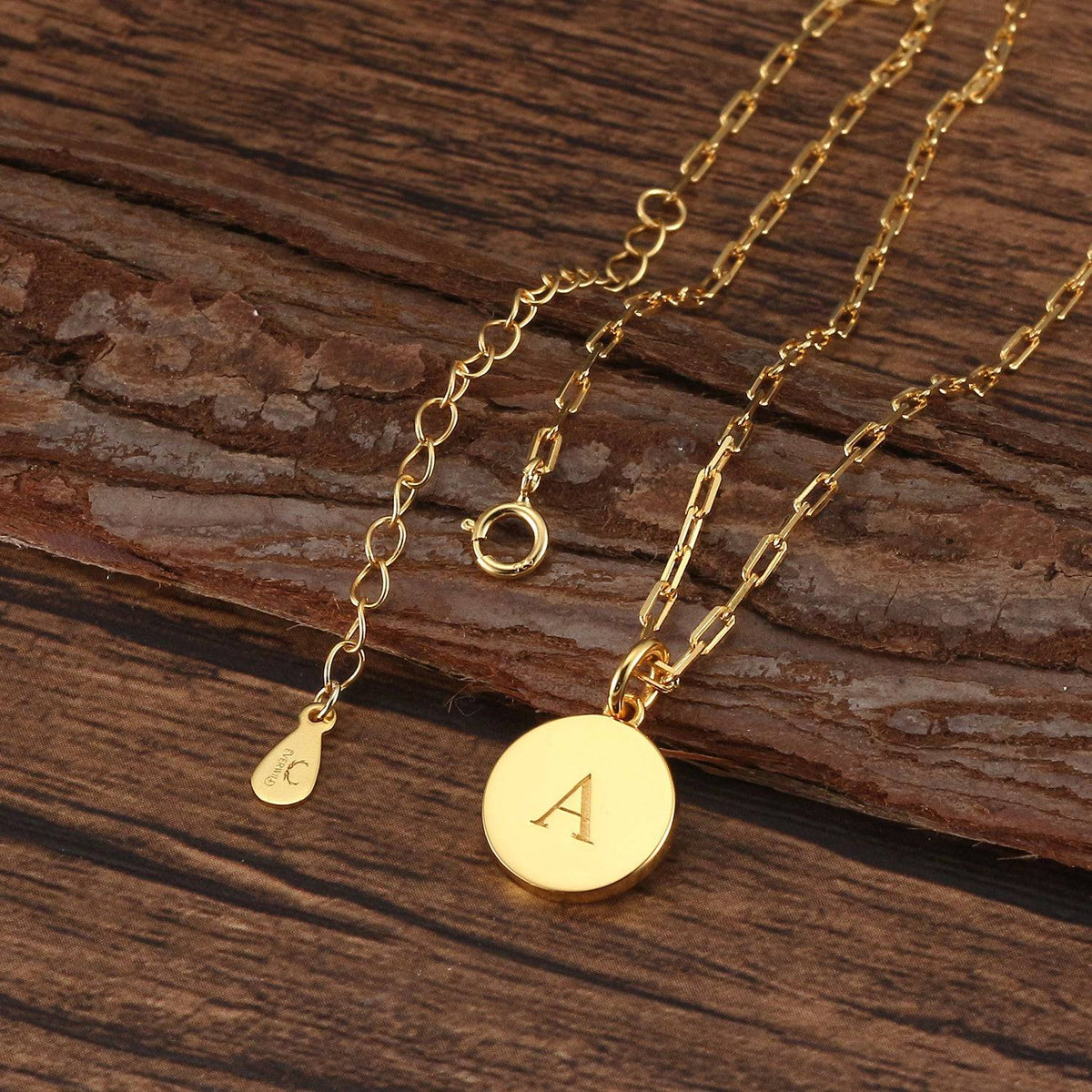 Saints and Saviors Dainty Fancy Initial Pendant Necklace modern letter A engraved on small gold disc