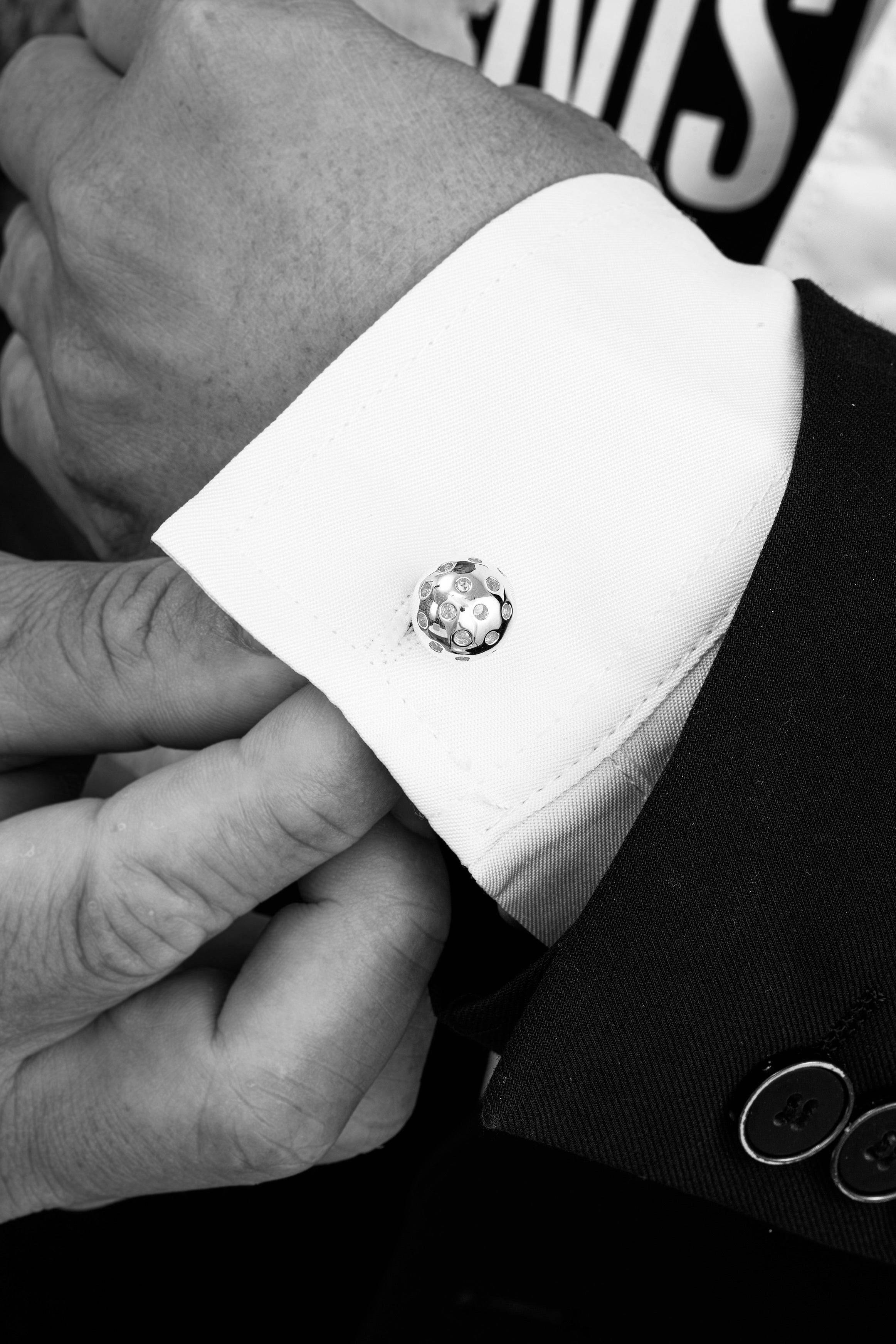 Pickleball Cuff Links Silver Ball on model