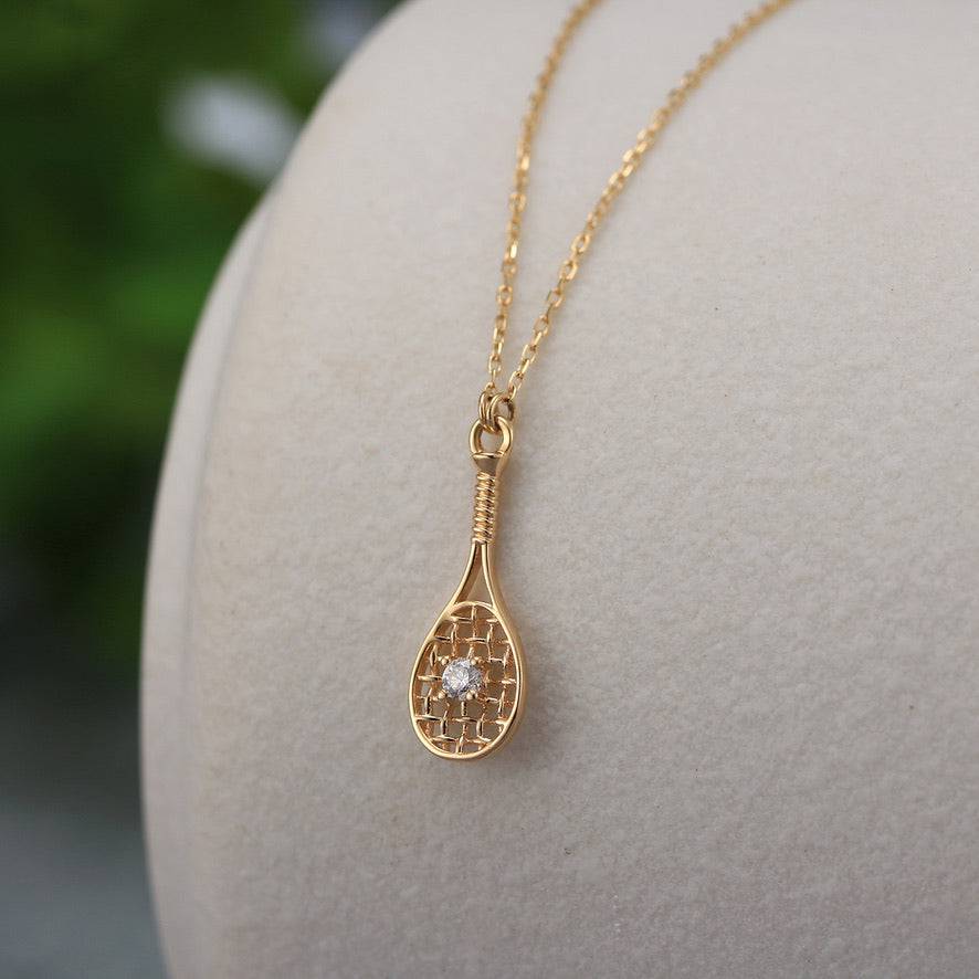 Tennis Sweet Love FINE Racquet Necklace 14k Gold with Diamond on Gold Chain