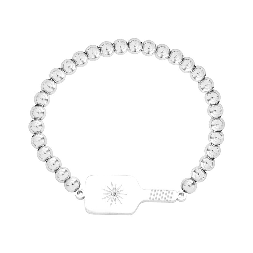 Picklebelle Silver beaded stretch bracelet with a pickleball paddle detail on a white background