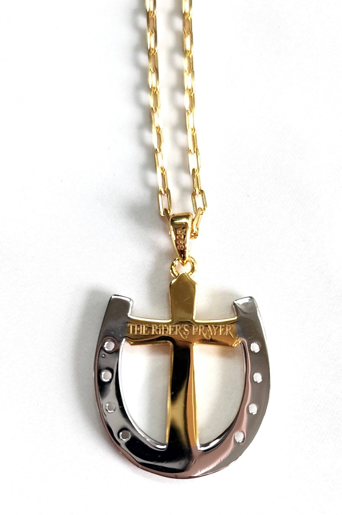 Saints and Saviors Rider's Prayer Two-Tone Cross and Horseshoe on Gold Clip Chain Necklace Back Side