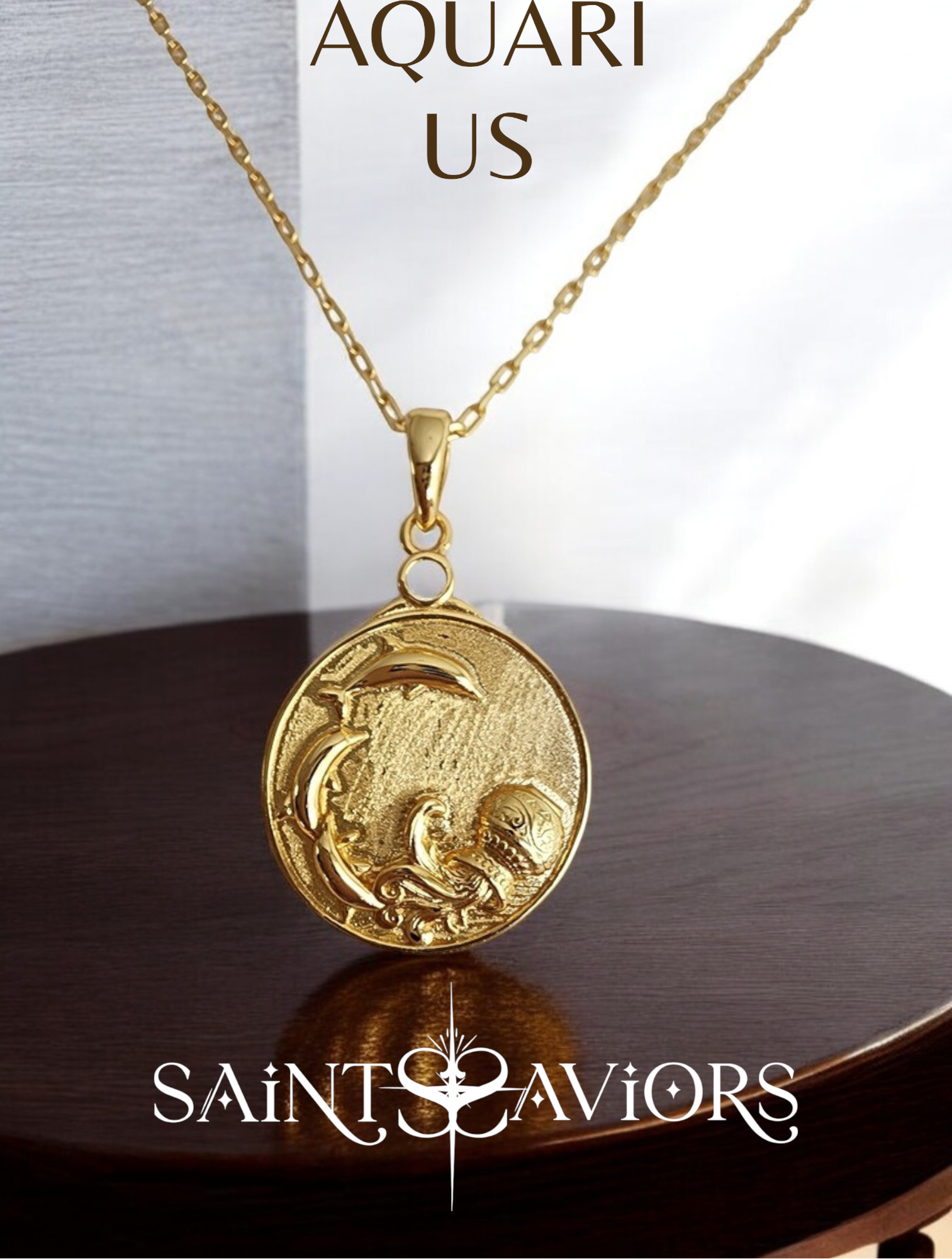 Gold Zodiac Aquarius pendant necklace on a wooden surface
