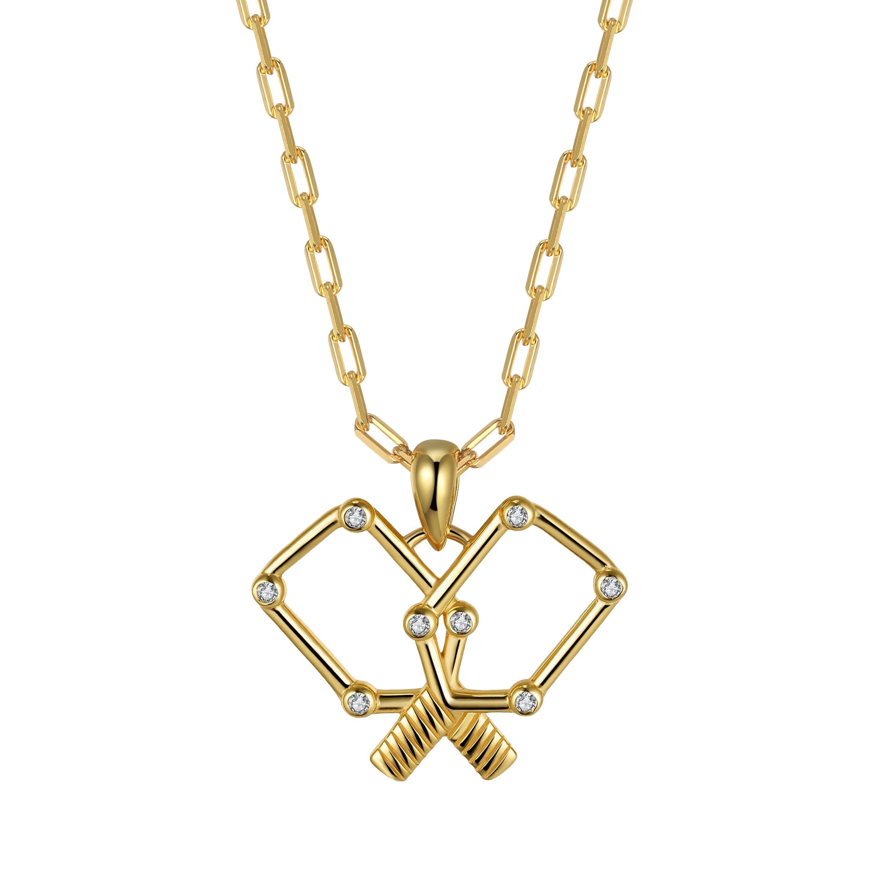 Gold pickle ball necklace with apaddle cross pendant on a white background
