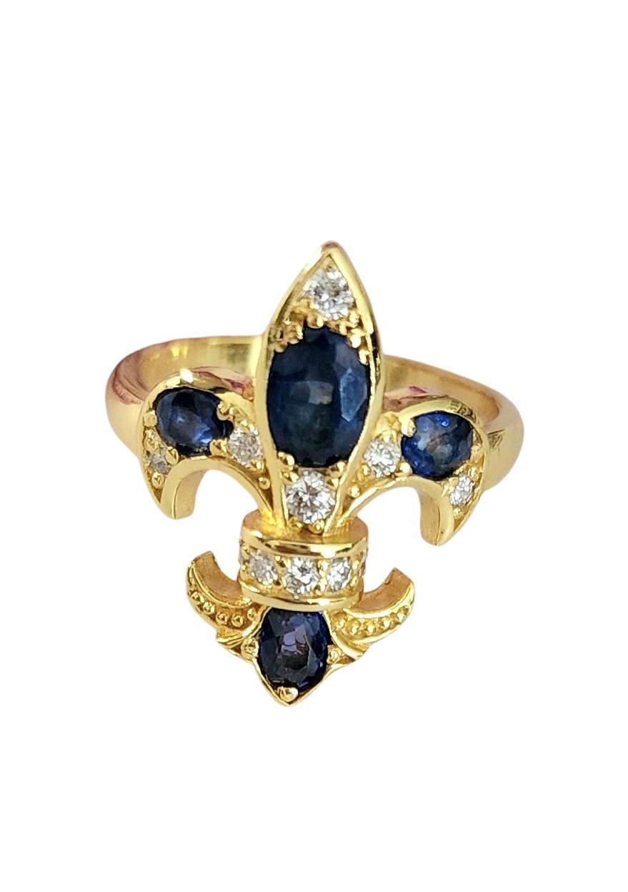 Saints & Saviors Gold Fleur De Lis Blue SAPPHIRE Ring with Diamonds