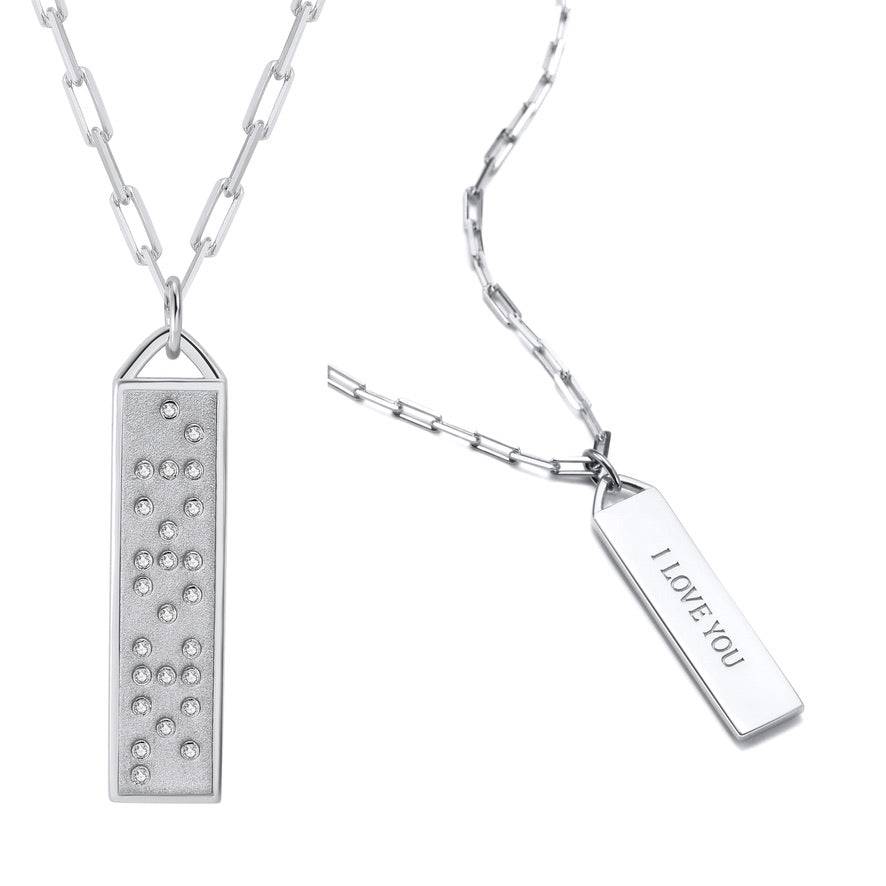 Touchstone I Love You Bar Necklace Silver showing "I Love You" in Braille Crystals and on reverse in plain text