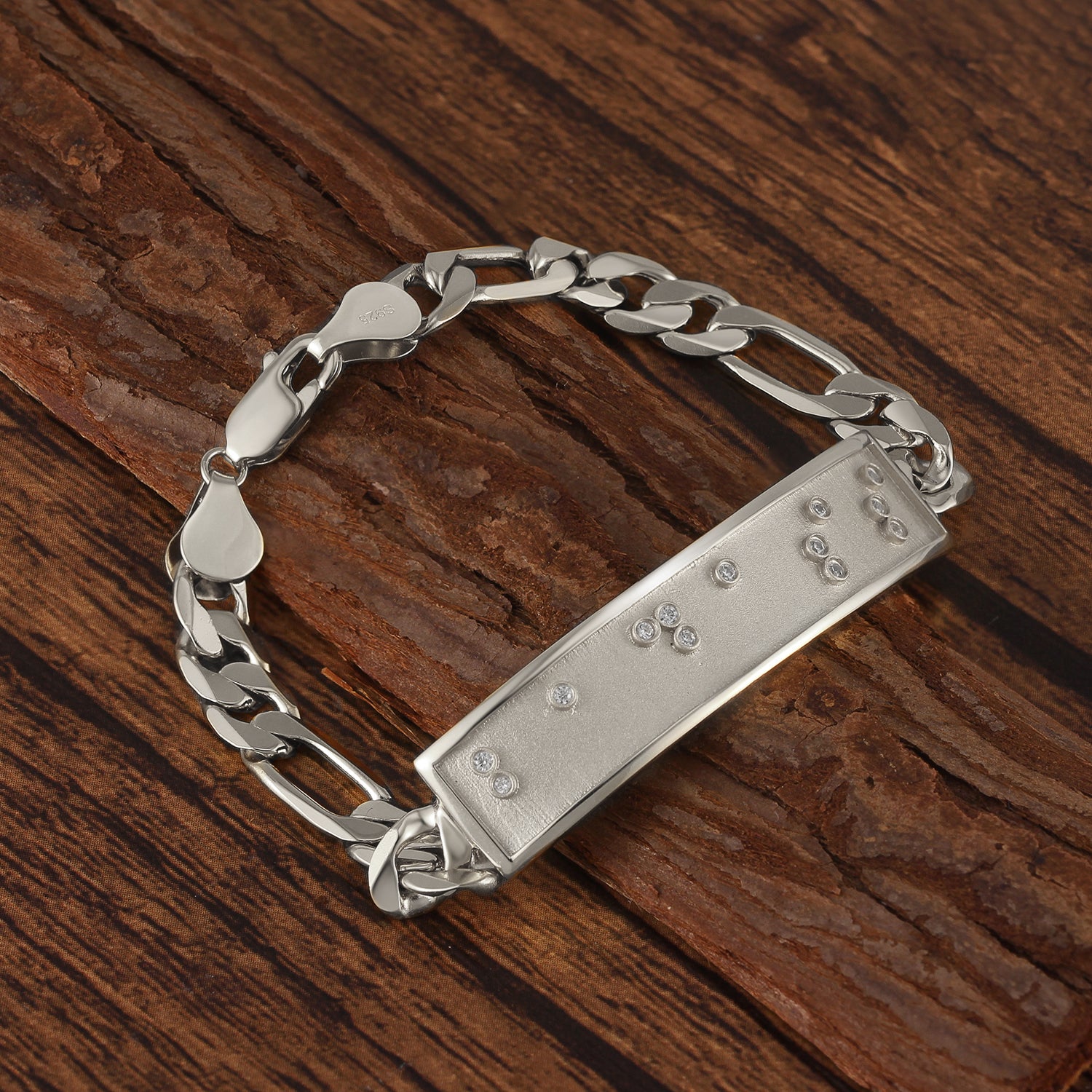 Touchstone 'Badass' in Braille Crystals ID Link Bracelet in Silver