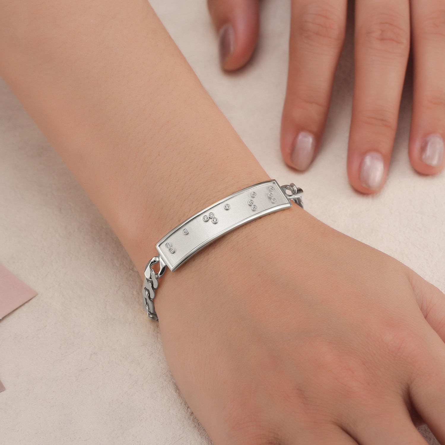 Touchstone Badass ID Link Bracelet in Silver in Braille Crystals on Model