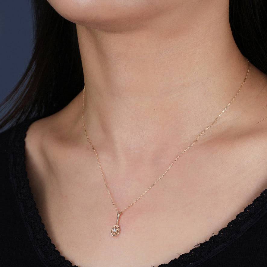 Tennis Sweet Love FINE Racquet Necklace 14k Gold with Diamond on model