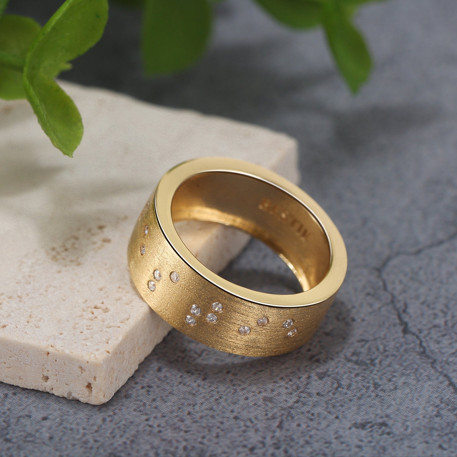 Touchstone Bestie Braille Band Ring Brushed Gold with Crystals