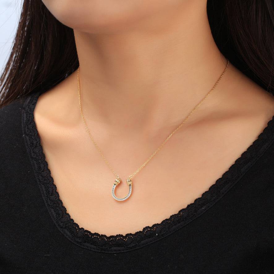 Saints Feeling Lucky Gold Horseshoe Necklace on Model