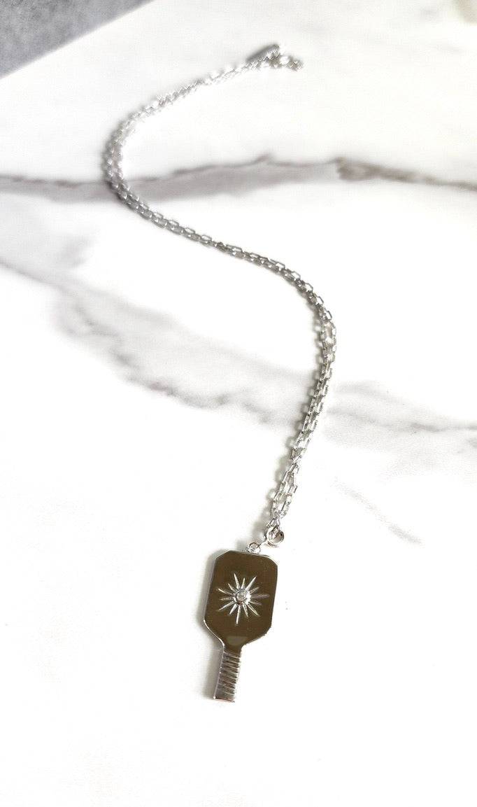 Pickleball Grande Paddle Pendant Clip on Charm shown on Silver chain