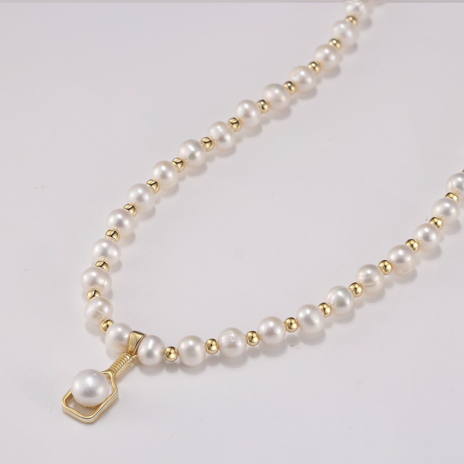 Pickleball Paddle Pearly Necklace with Small Gold Spacer Beads and Pearl Paddle Drop