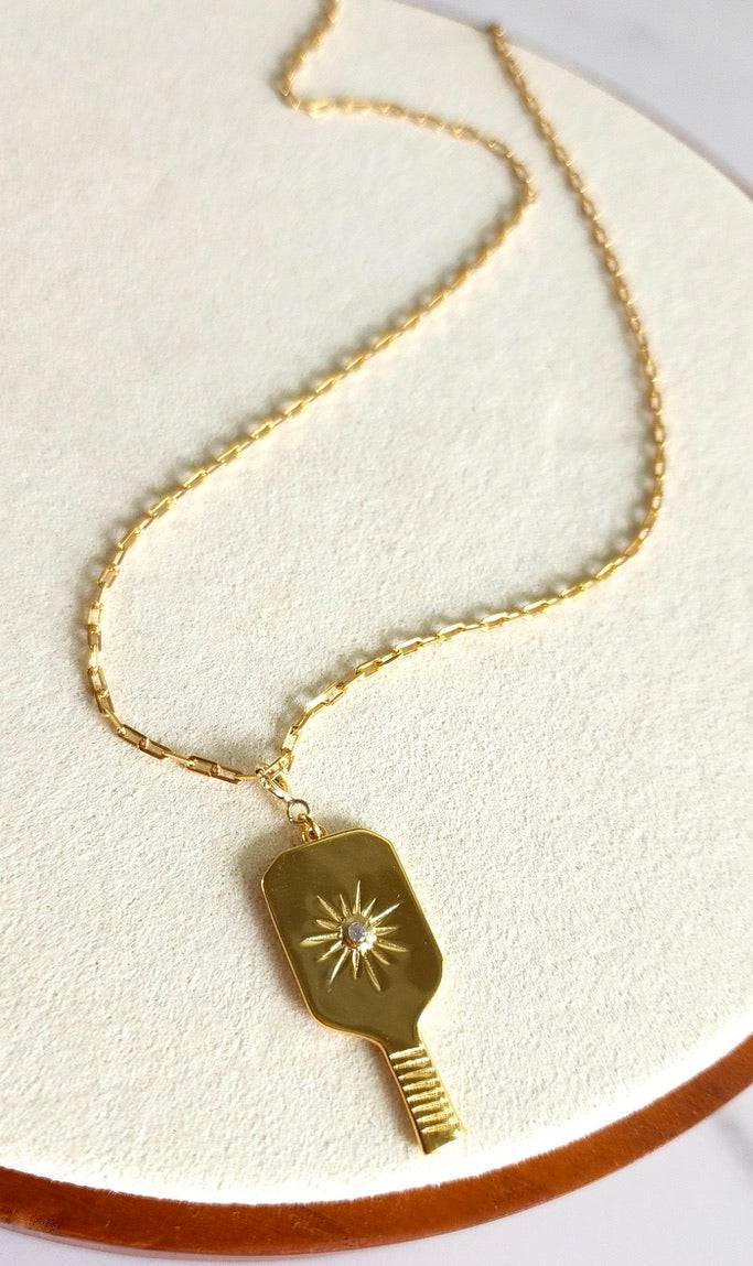 Pickleball Grande Paddle Pendant Clip On Charm shown on Gold chain