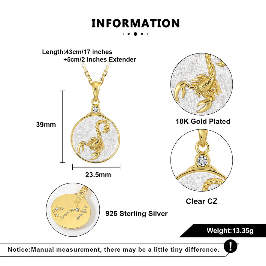 Gold pendant with scorpion design, measurements, and material details on a white background