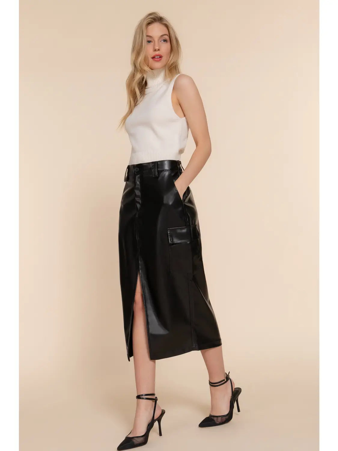 Black Faux Leather Midi Cargo Skirt
