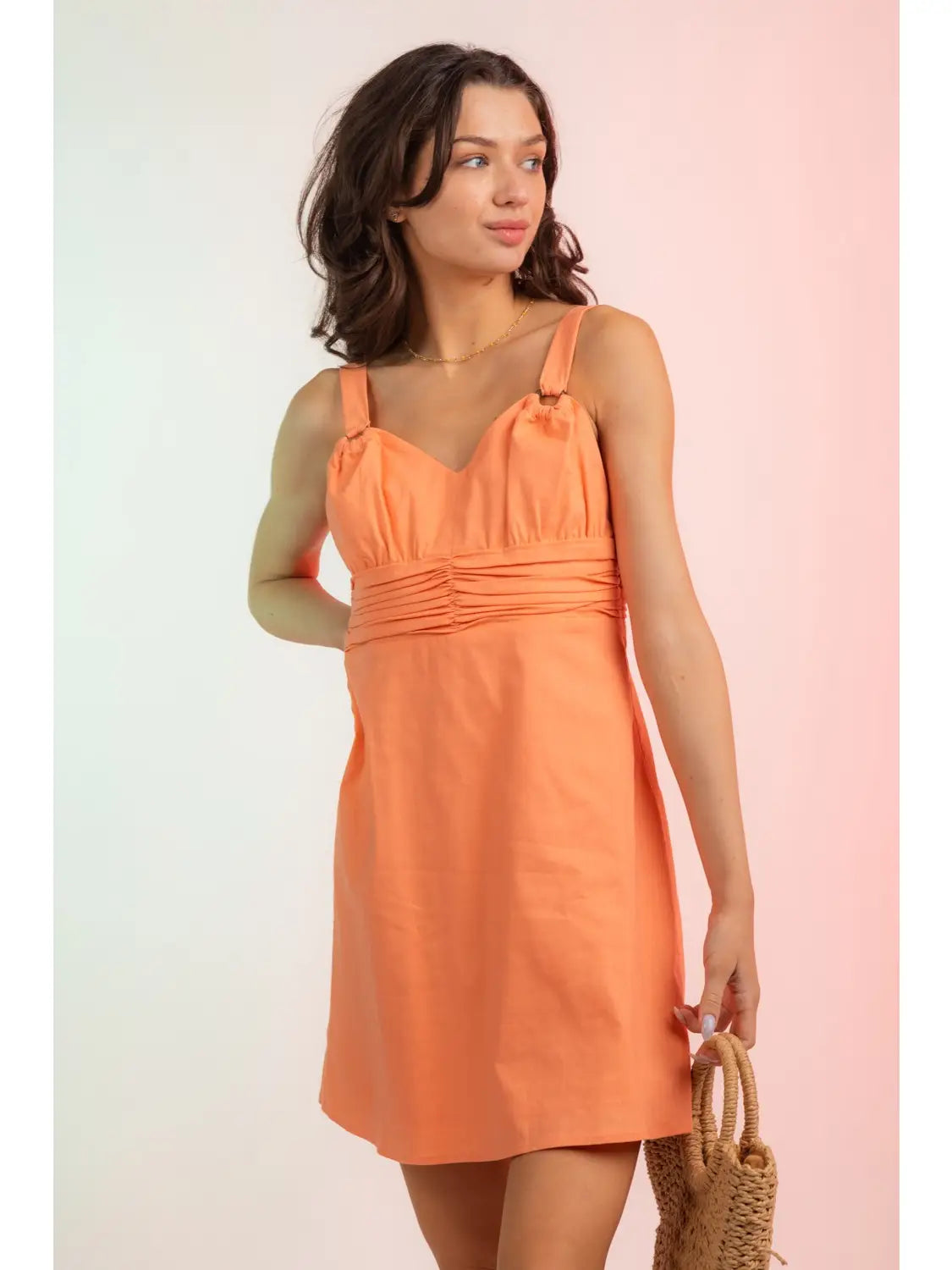 Orange Ruched Waist O-Ring Cami Mini Dress
