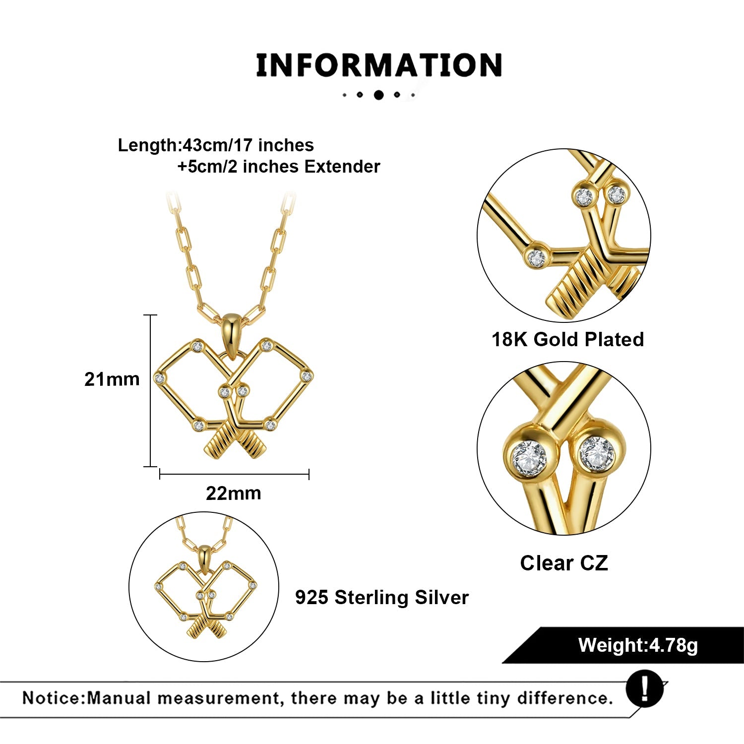 Gold necklace with detailed specifications on a white background