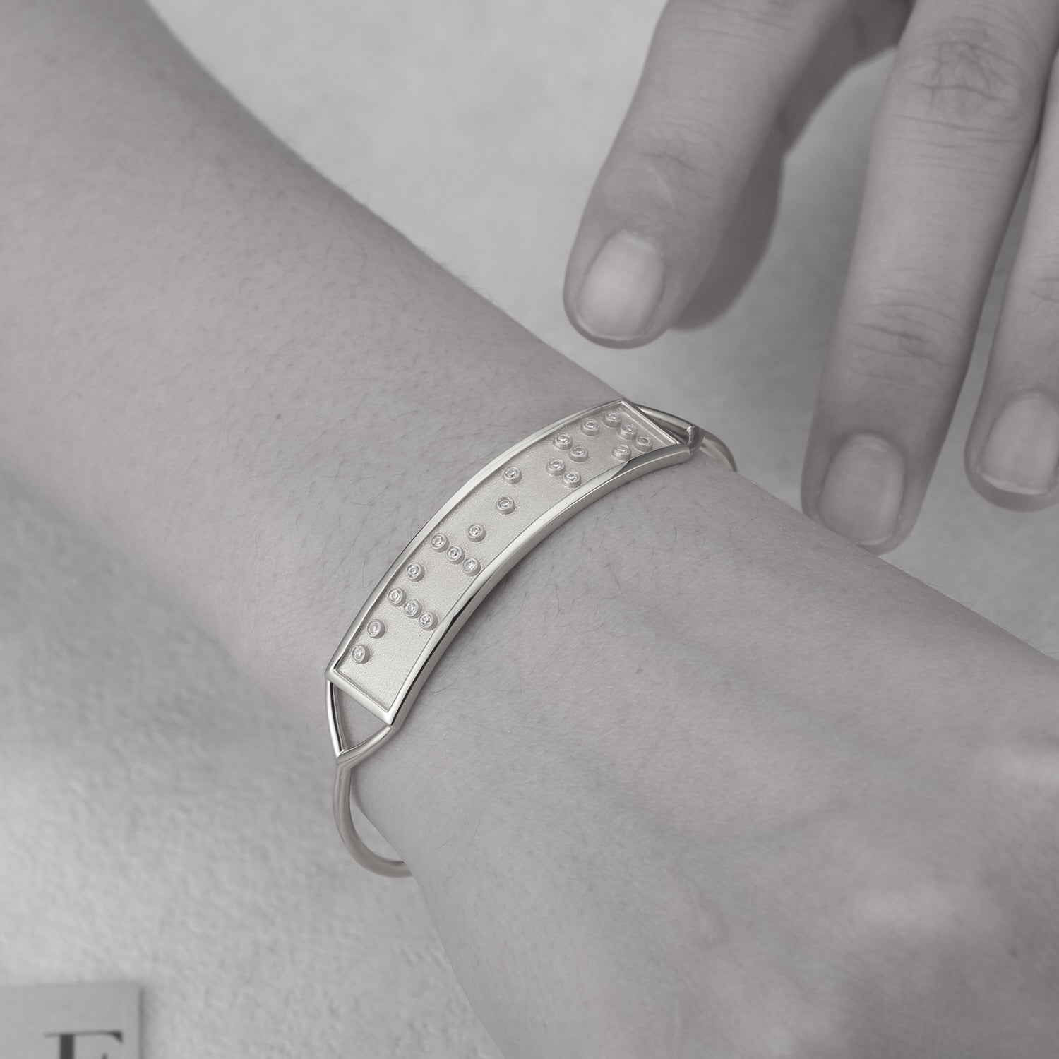 Touchstone 'Clarity' Message in Braille Crystals Cuff Silver on model