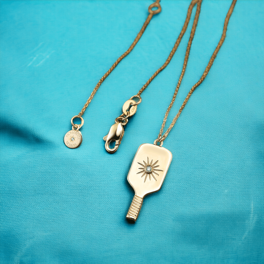 Pickleball Paddle Pendant FINE Necklace Solid 14k Gold with Diamond