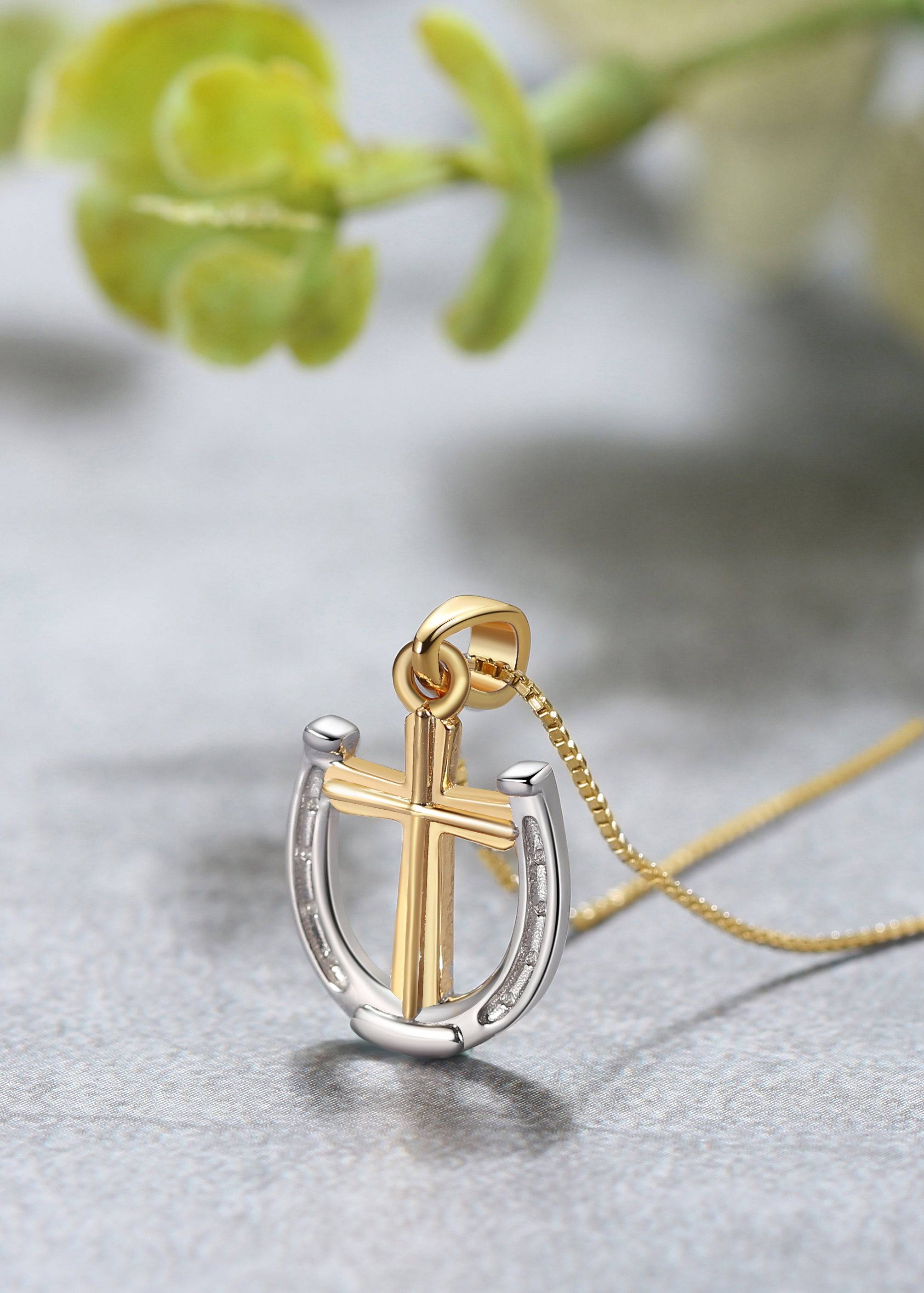 Saints and Saviors Rider's Prayer Mini gold and silver Horseshoe and Cross Necklace on Gold Box Chain