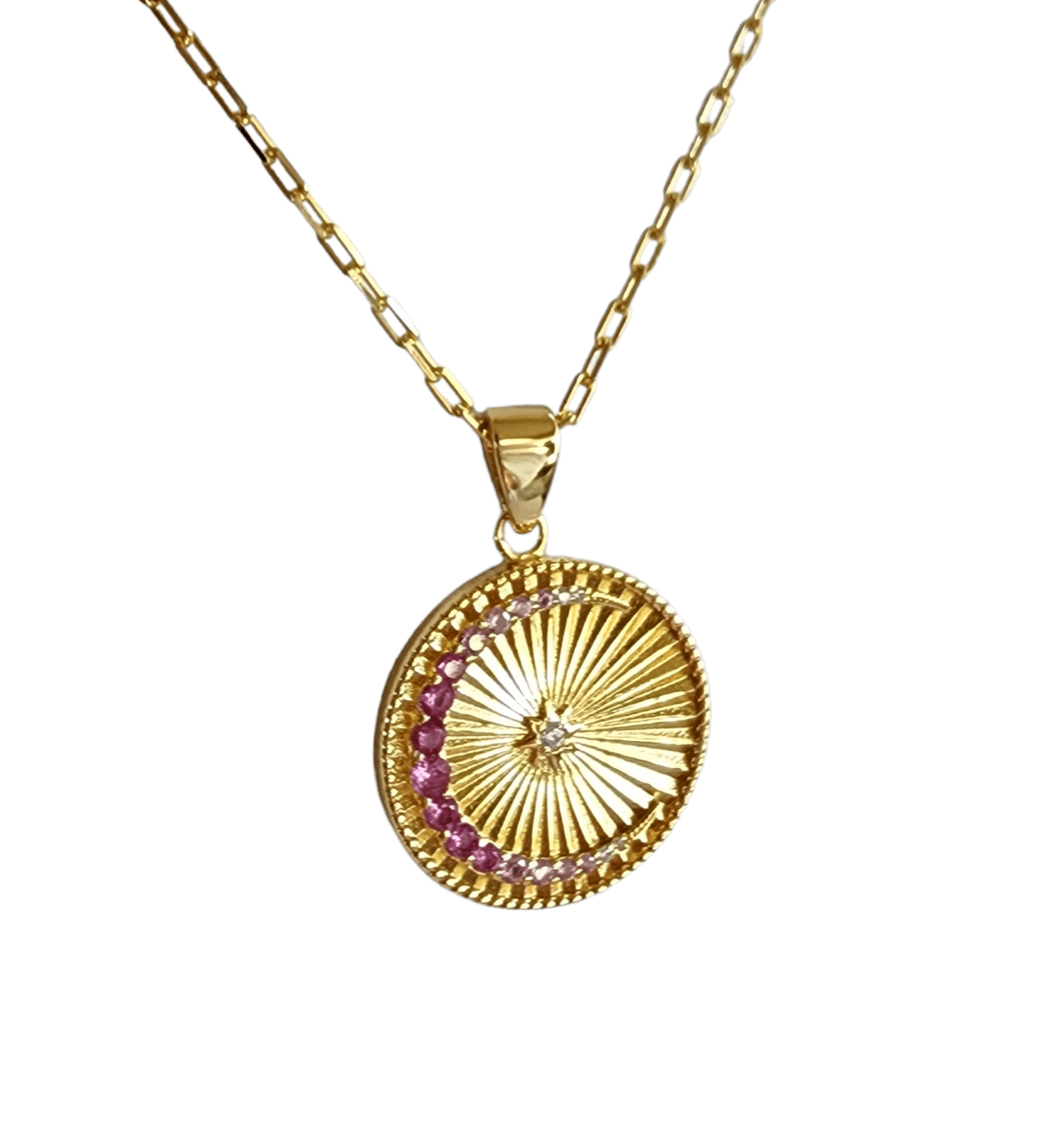 Saints and Saviors Over The Moon Pink Pendant Necklace featuring crescent moon in ombre pink crystals and sun rays
