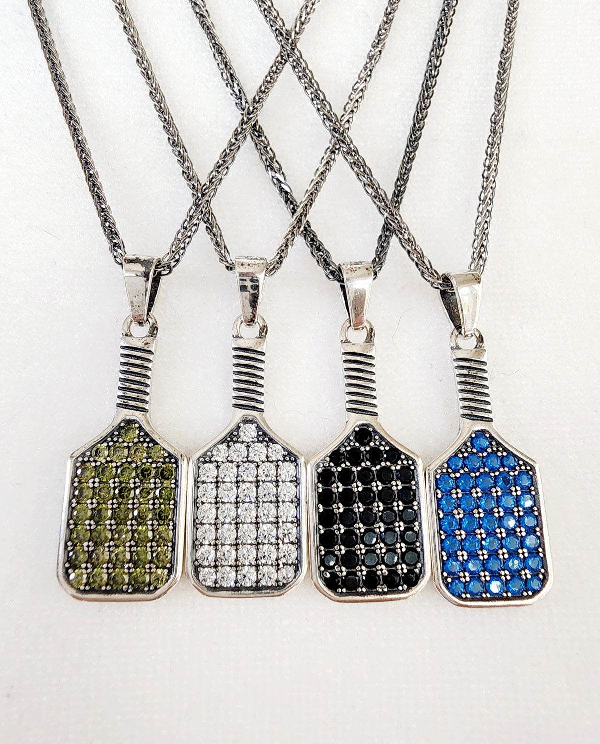 Pickleball Baller Paddle Necklace Silver with Assorted Color Crystal Options