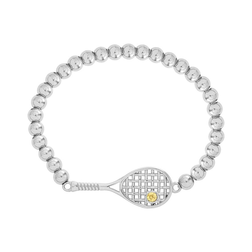 Lovematch Silver stretch bead bracelet with tennis racket and ball charm on a white background