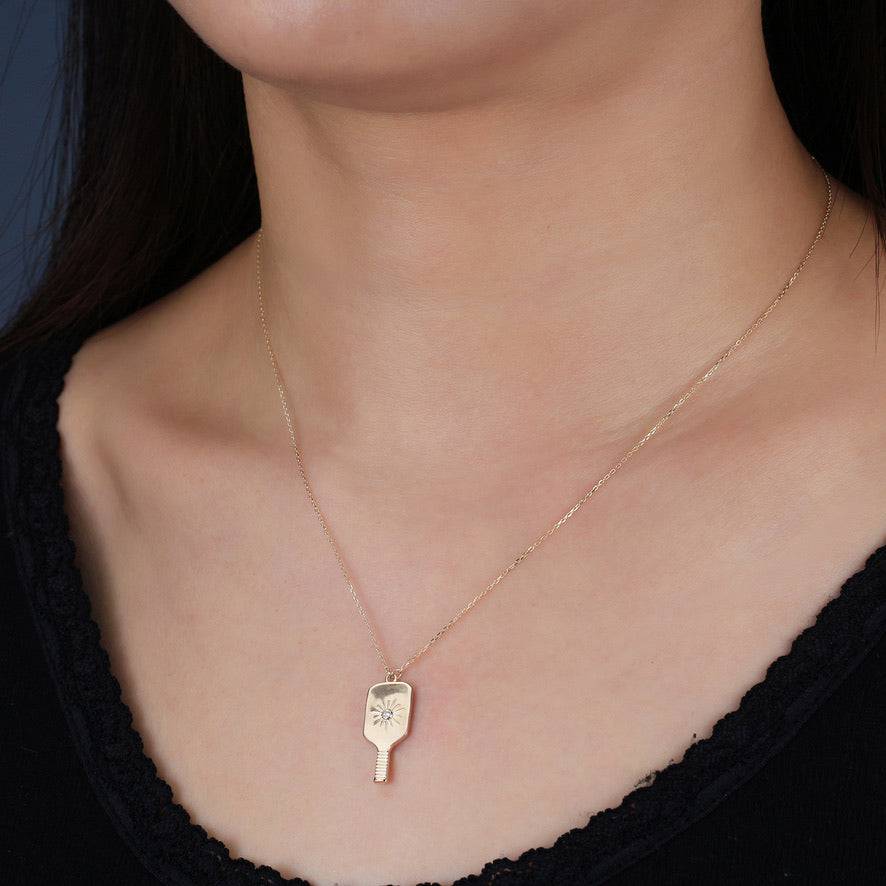 Pickleball Paddle Pendant FINE Necklace Solid 14k Gold with Diamond on model