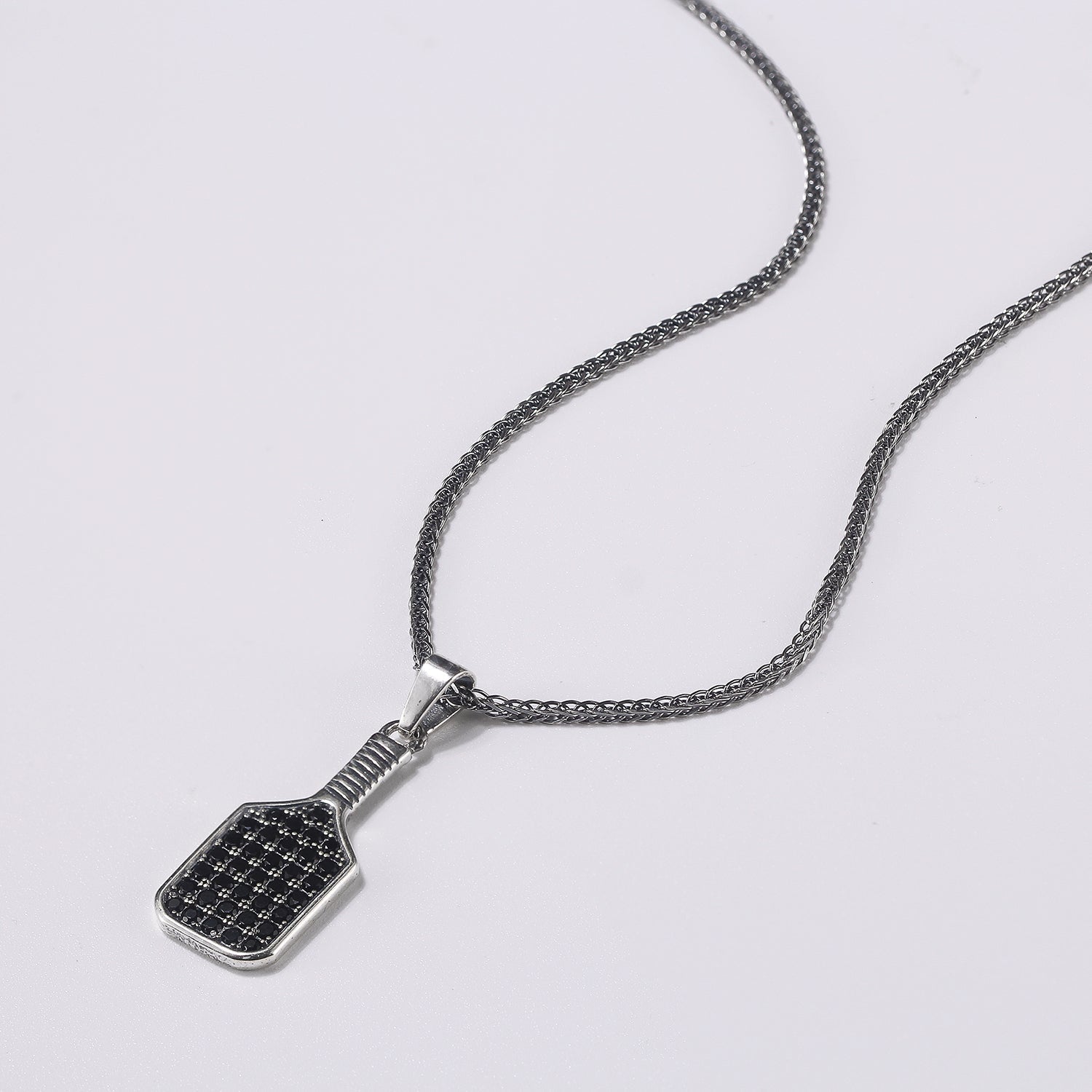 Pickleball Baller Paddle Necklace Silver with Black Crystals