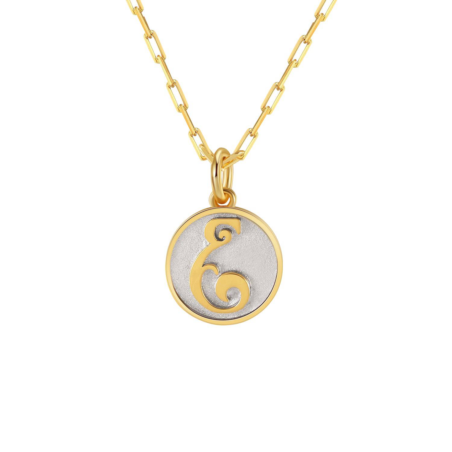 Saints and Saviors Dainty Fancy Initial Pendant Necklace gold letter E on small silver disc