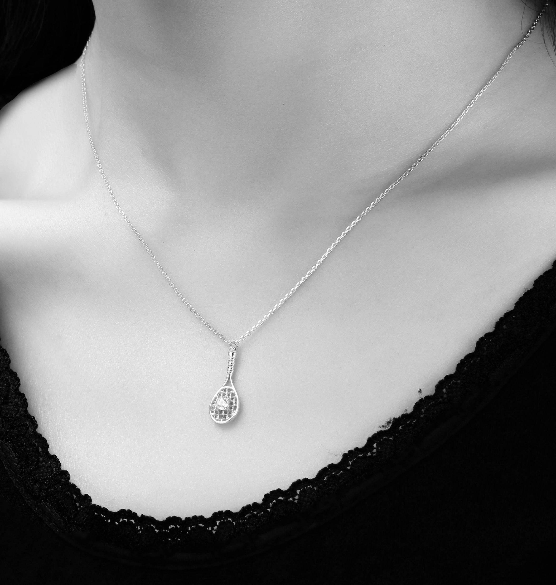 LoveMatch Tennis Baby Love Silver Racquet & Ball Pendant Necklace on model