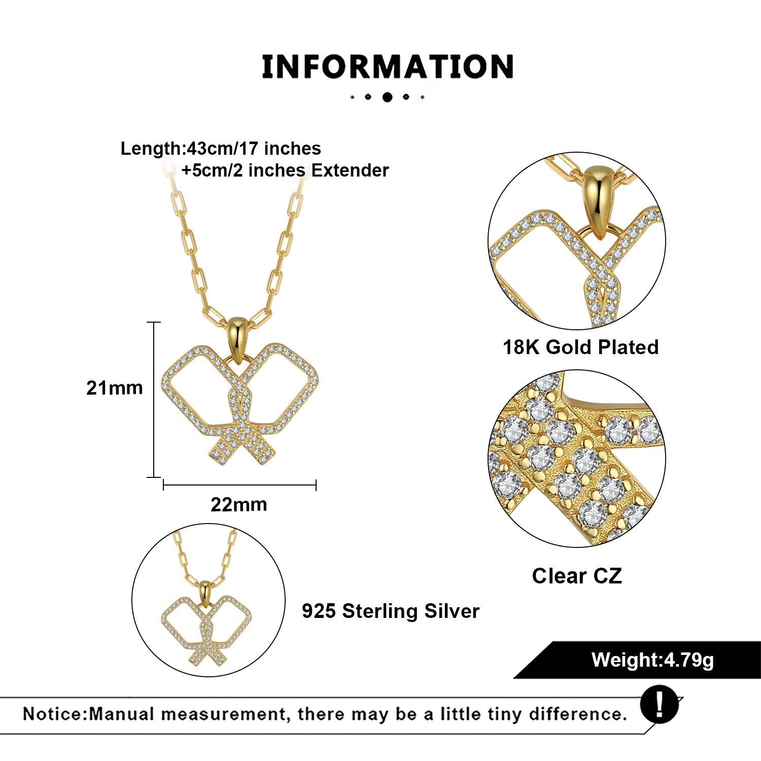 Gold necklace with clear CZ stones and 925 Sterling Silver details, including measurements and material information.