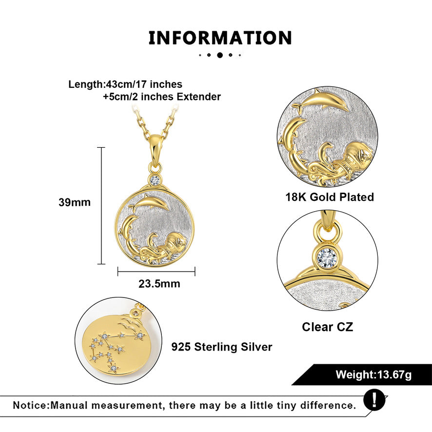 Gold and silver pendant necklace with measurements and material details on a white background