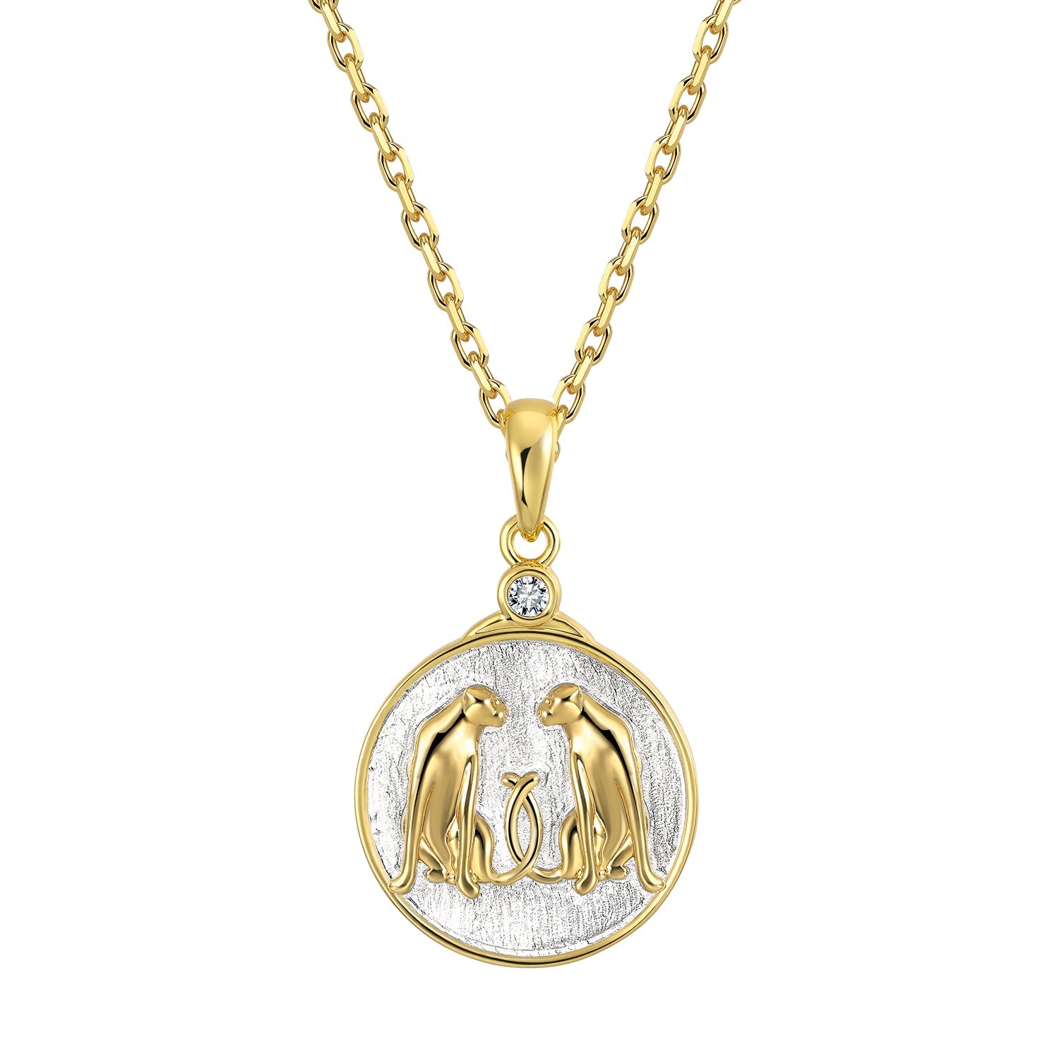 Gold and silver necklace with a round Gemini zodiac pendant featuring two leopards on a white background