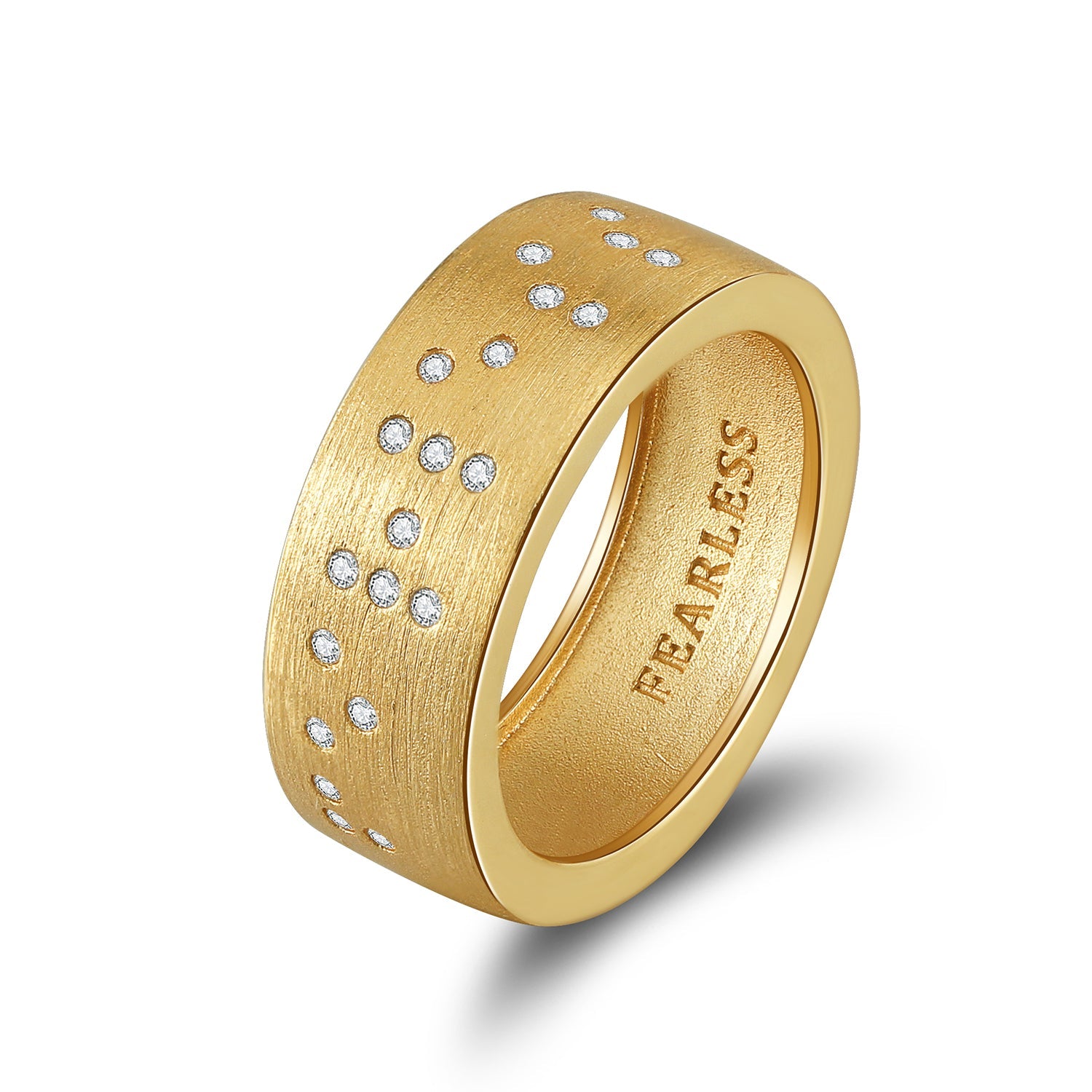 Touchstone 'Fearless' in Text and Braille Crystals Band Ring Brushed Gold