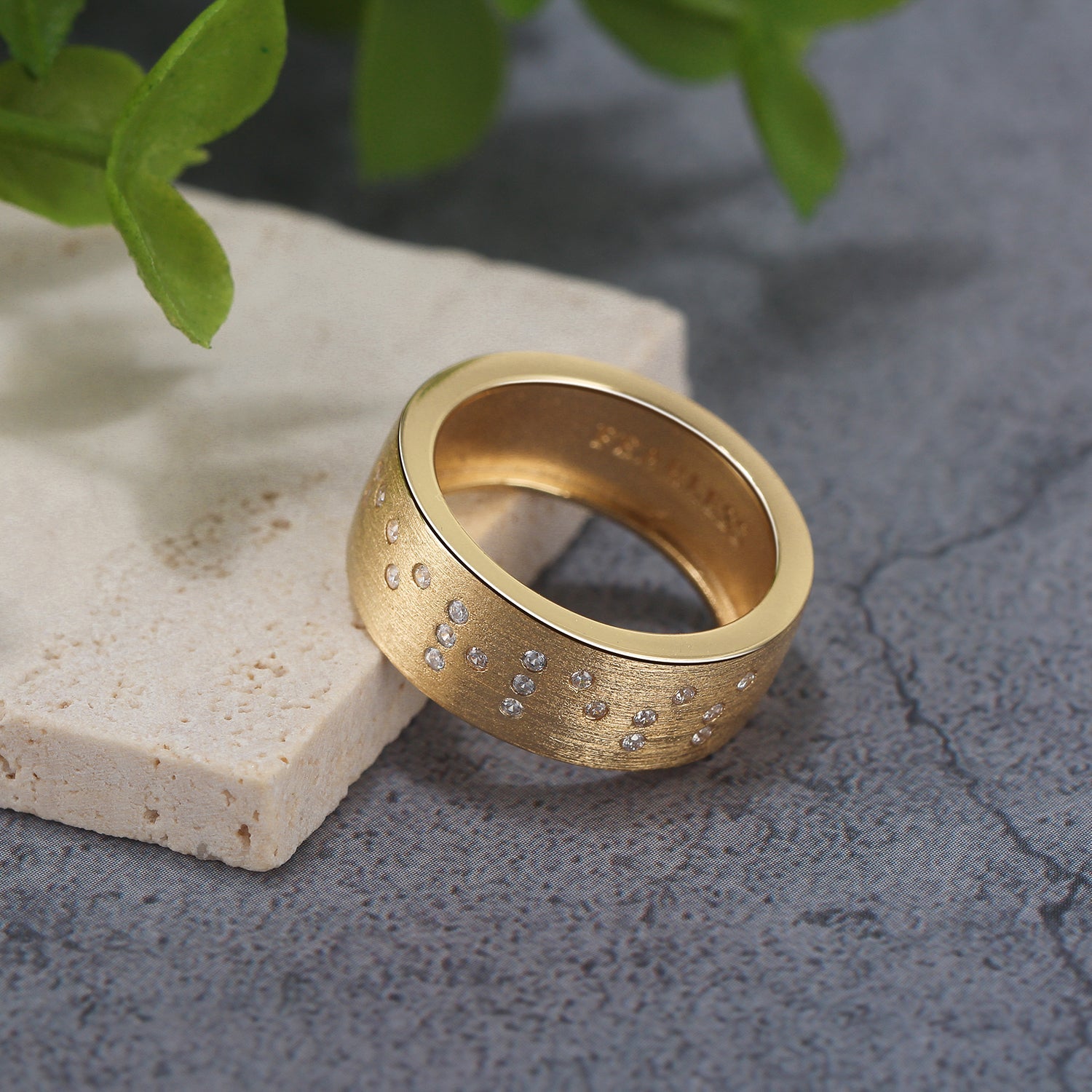 Touchstone Fearless Braille Crystals Band Ring Brushed Gold
