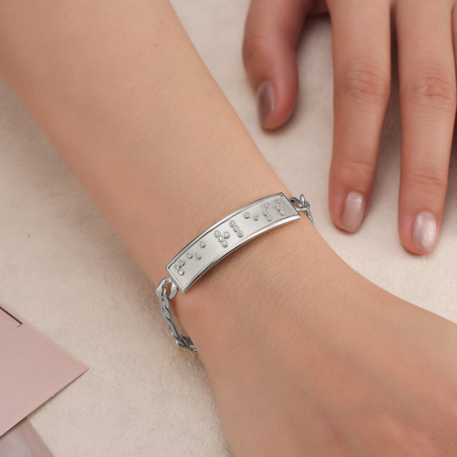Touchstone Fearless ID Link Bracelet in Silver with Braille Crystals on Model