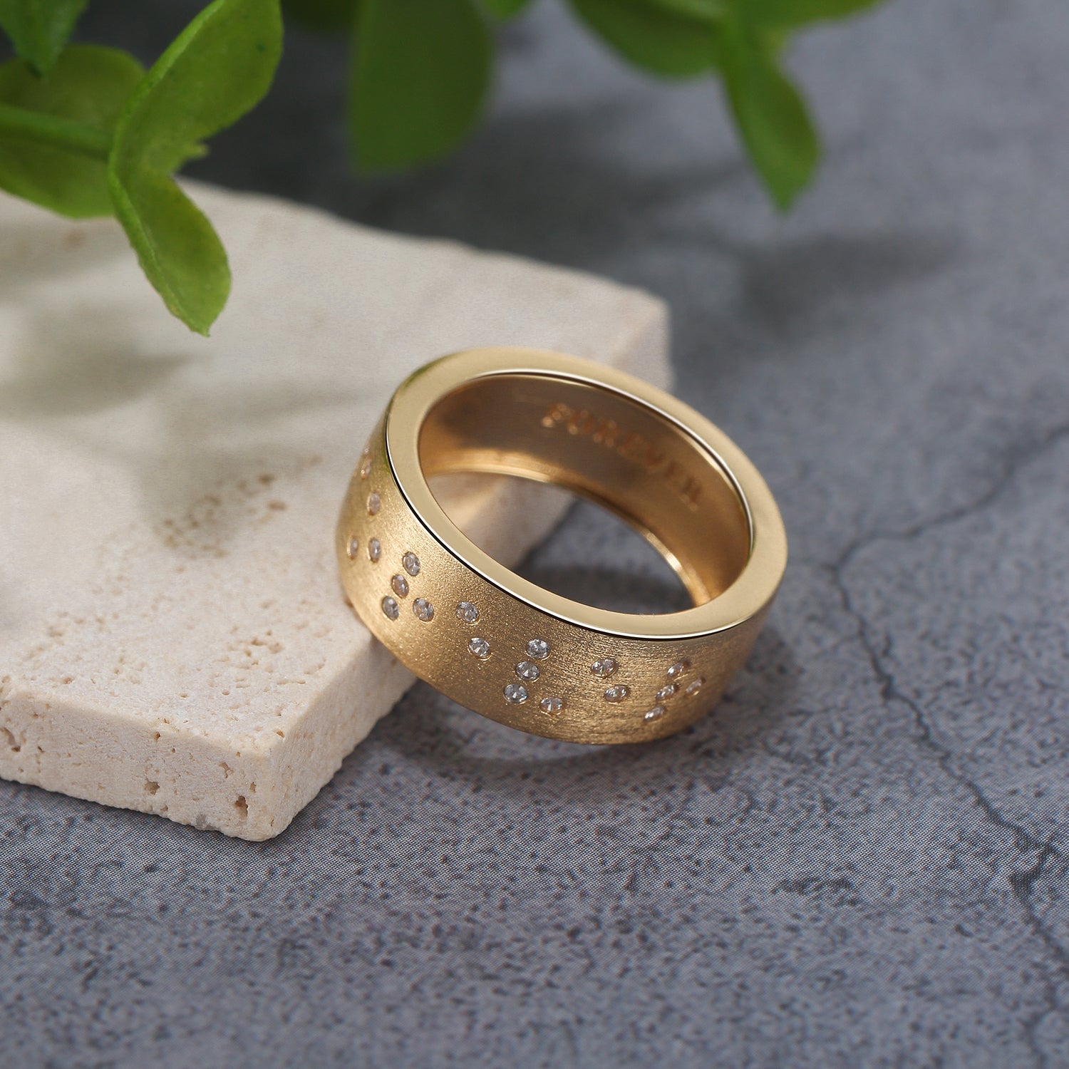 Touchstone Forever Braille Crystals Band Ring Brushed Gold