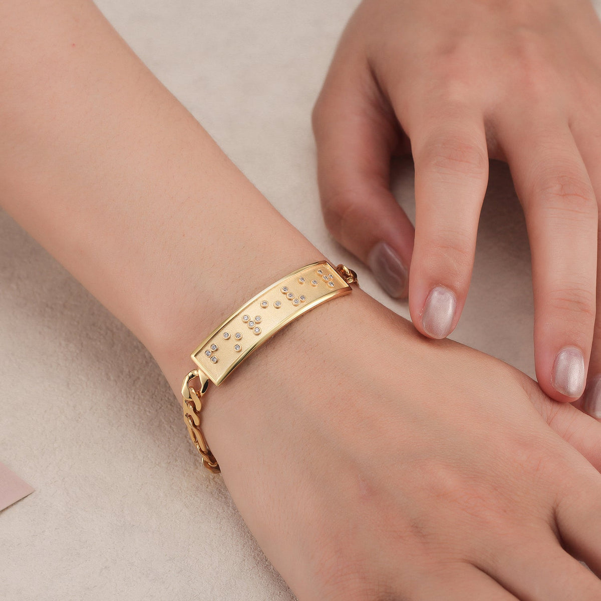 Touchstone Forever Braille Crystals ID Link Bracelet in Gold on Model
