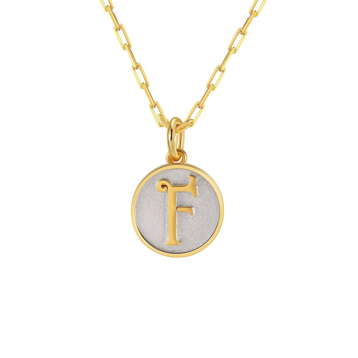 Saints and Saviors Dainty Fancy Initial Pendant Necklace gold letter F on small silver disc