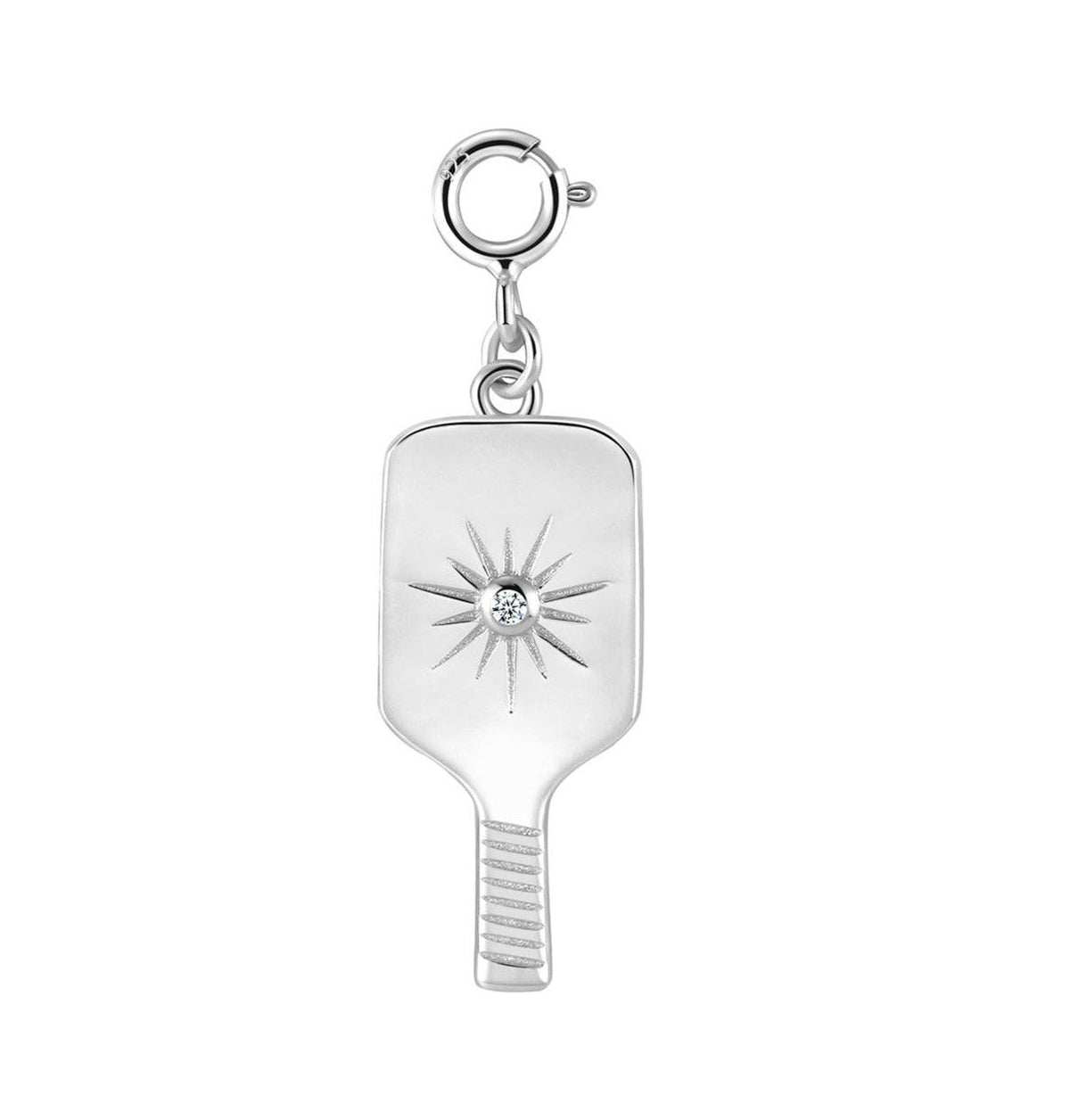 Pickleball Grande Paddle Pendant Clip On Charm Silver with Single Crystal