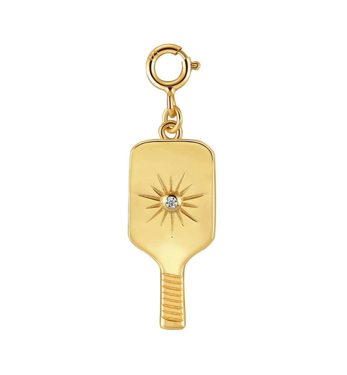 Pickleball Grande Paddle Pendant Clip On Charm Gold with single crystal